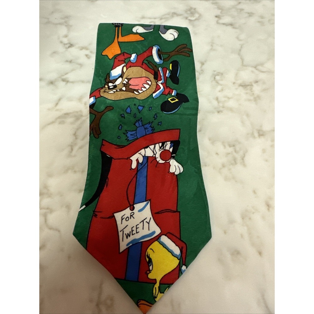 Looney Tunes Christmas‎ tree Necktie vintage 1990s Bugs Bunny Santa tweety 58x4